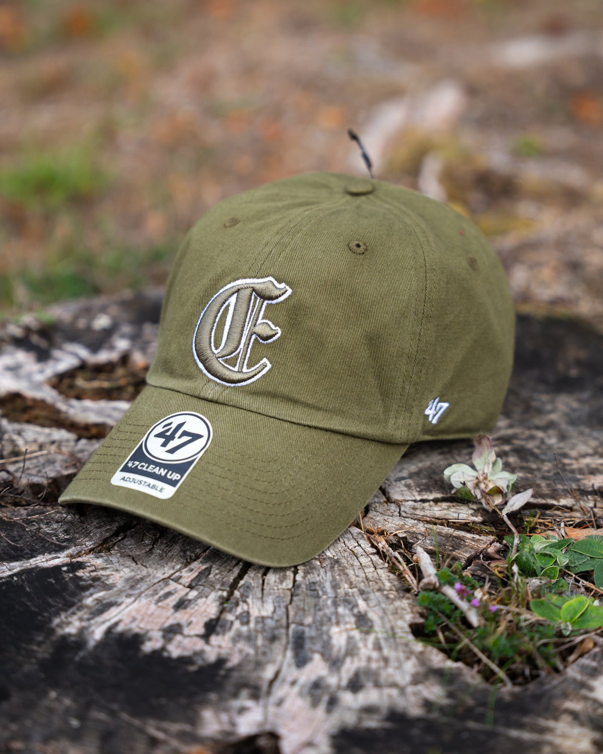 ENDEX '47 dad hat in sandalwood with tonal Old English E, front