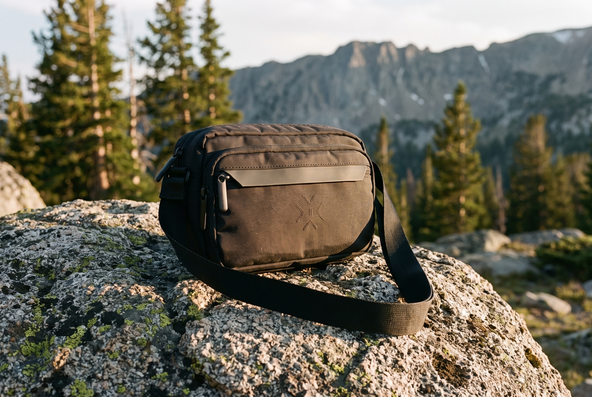 ENDEX Muster Crossbody on an alpine boulder