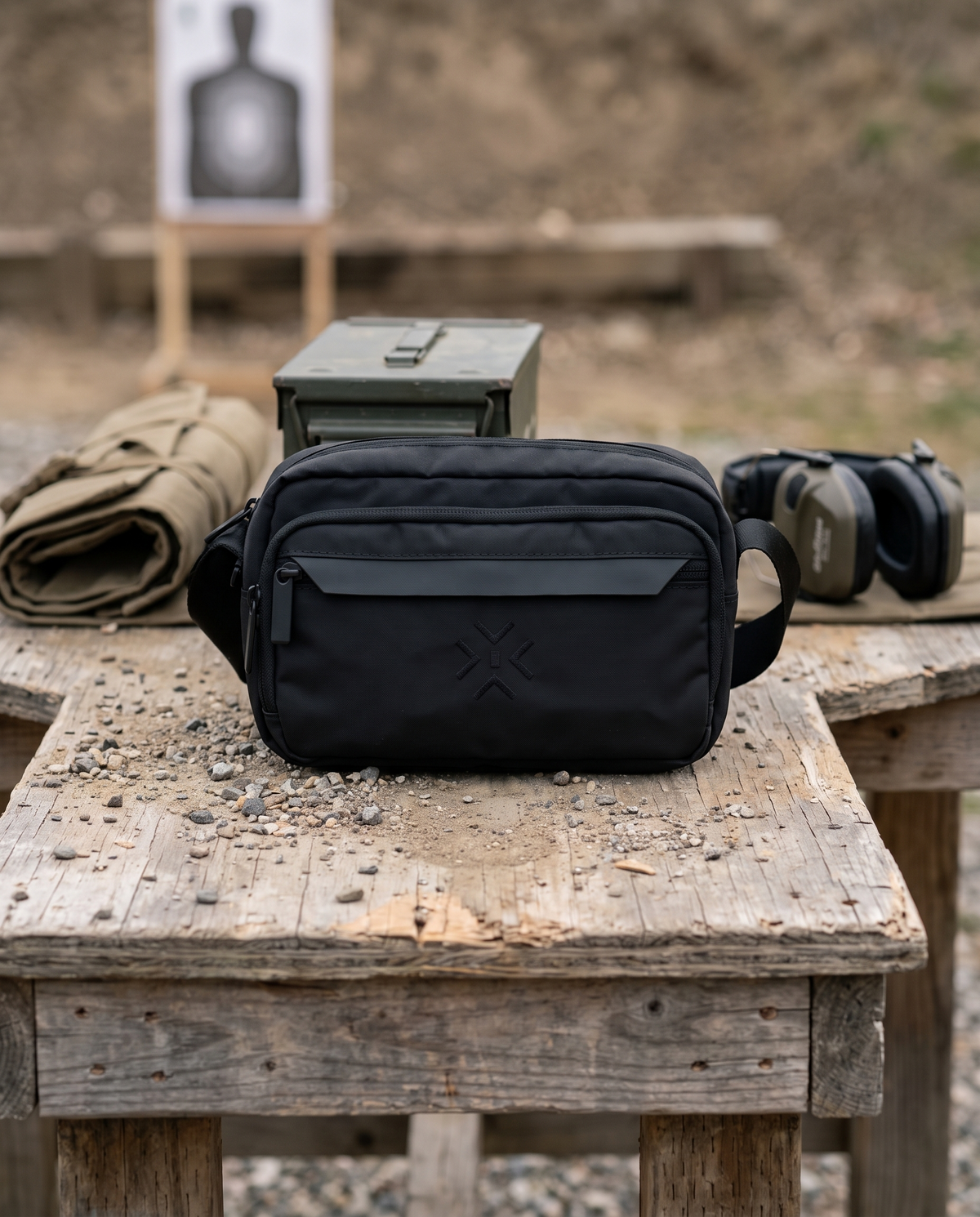 ENDEX Muster Crossbody on a weathered range bench