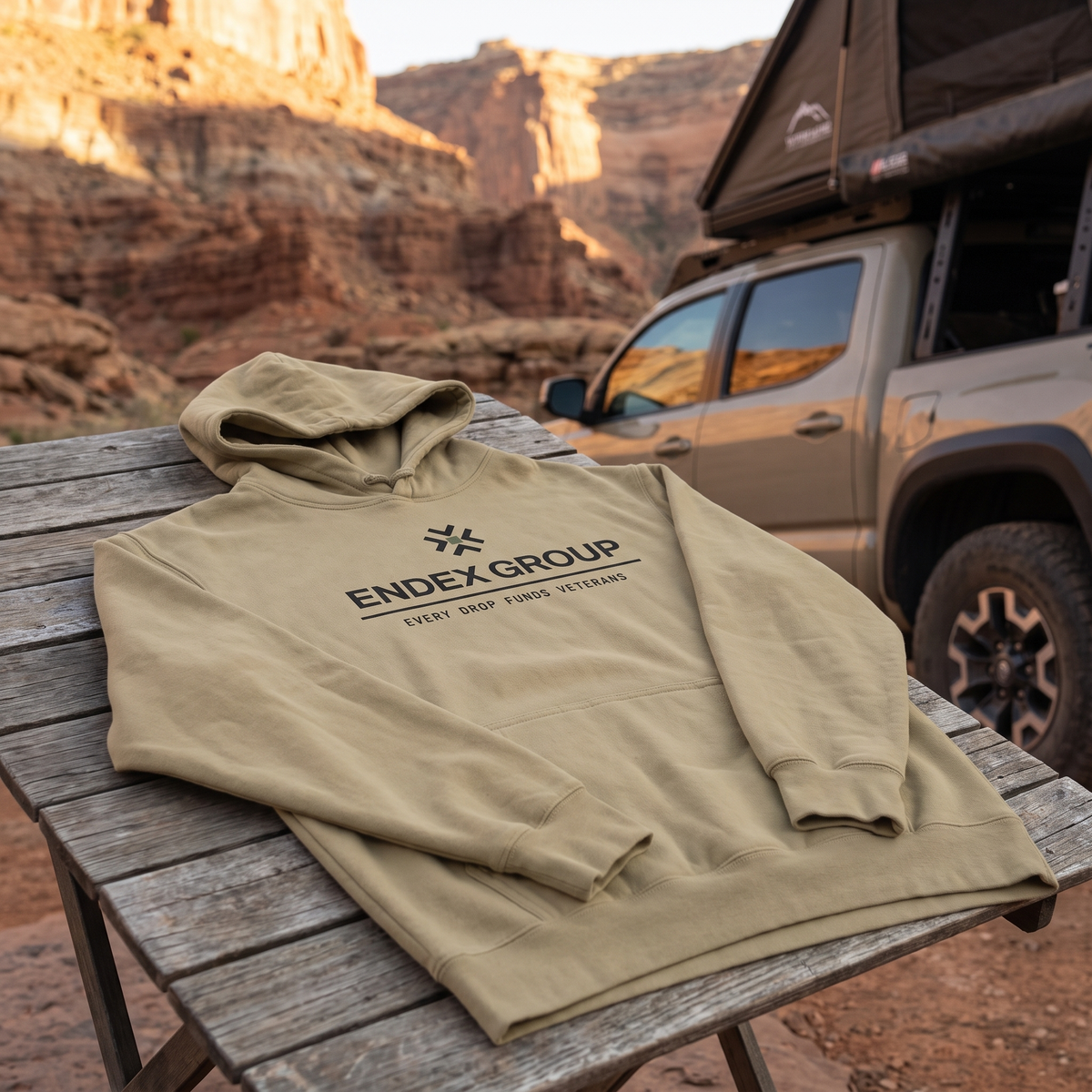 ENDEX Group Consolidate Hoodie in Sand — lifestyle shot