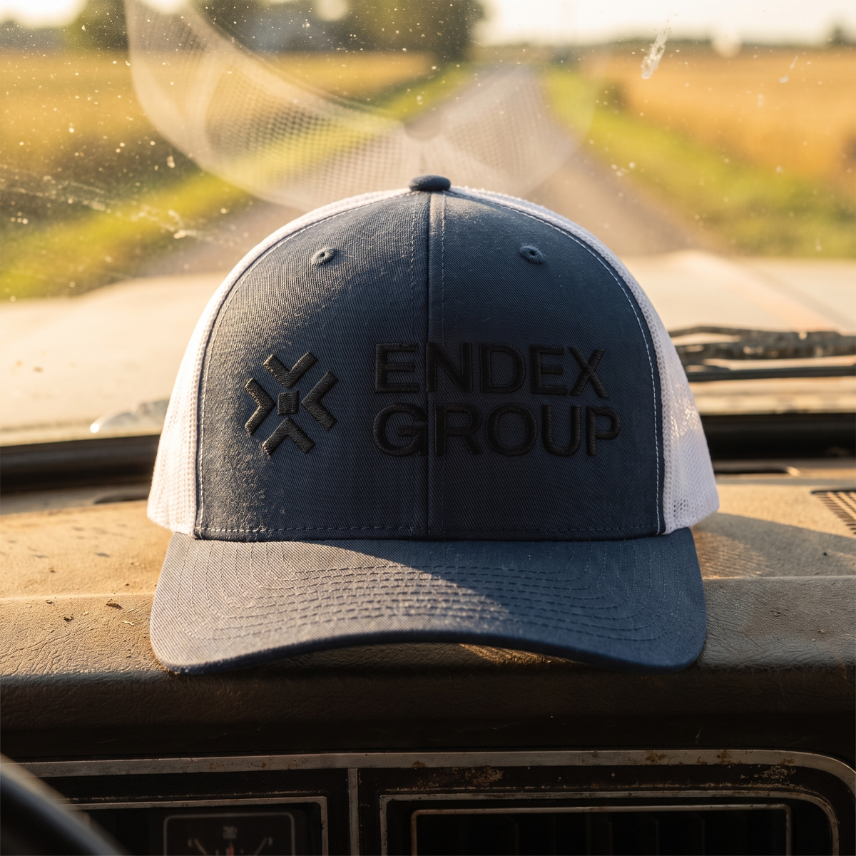 ENDEX Group Classic Trucker Cap in Navy/ White — lifestyle shot