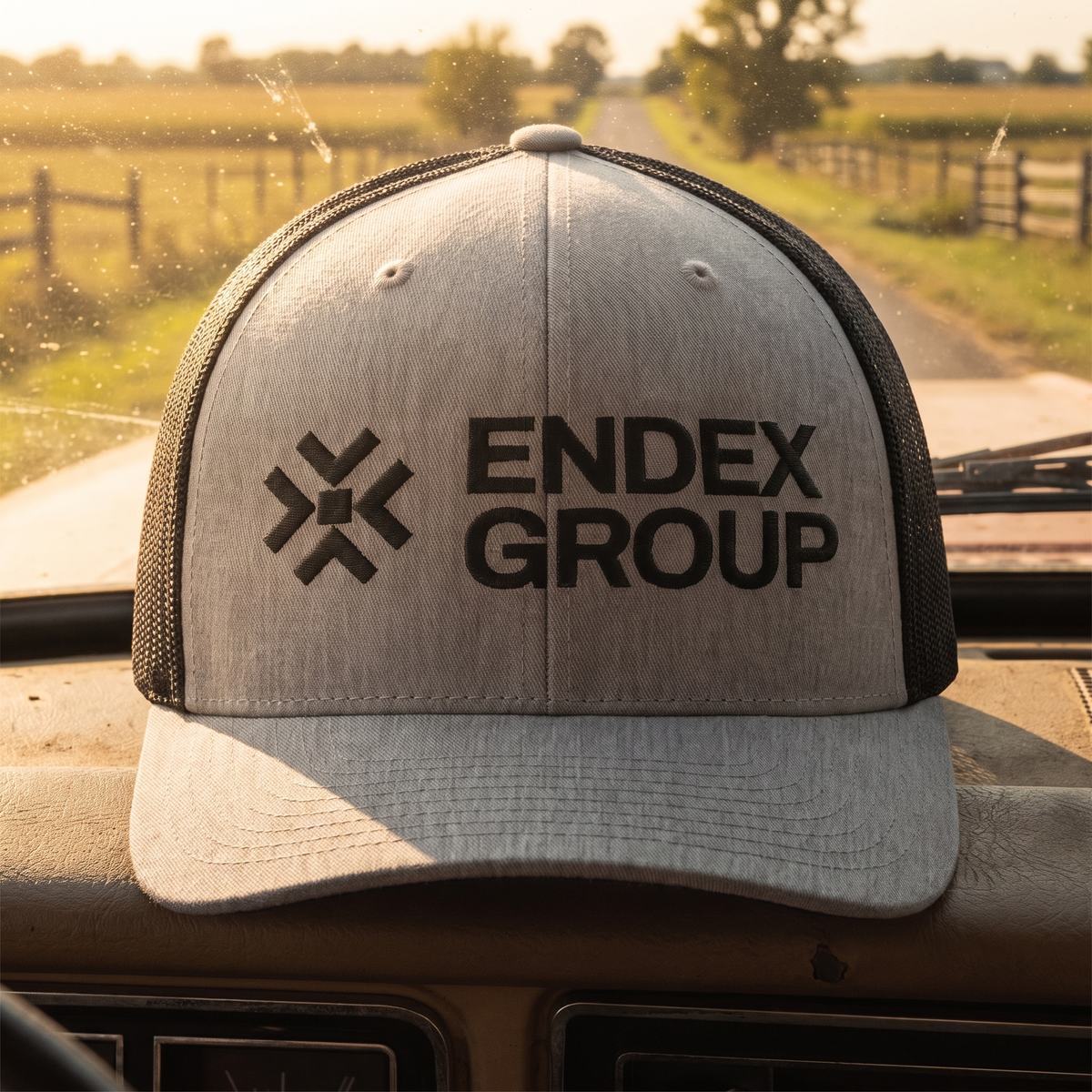 ENDEX Group Classic Trucker Cap in Heather/ Black — lifestyle shot