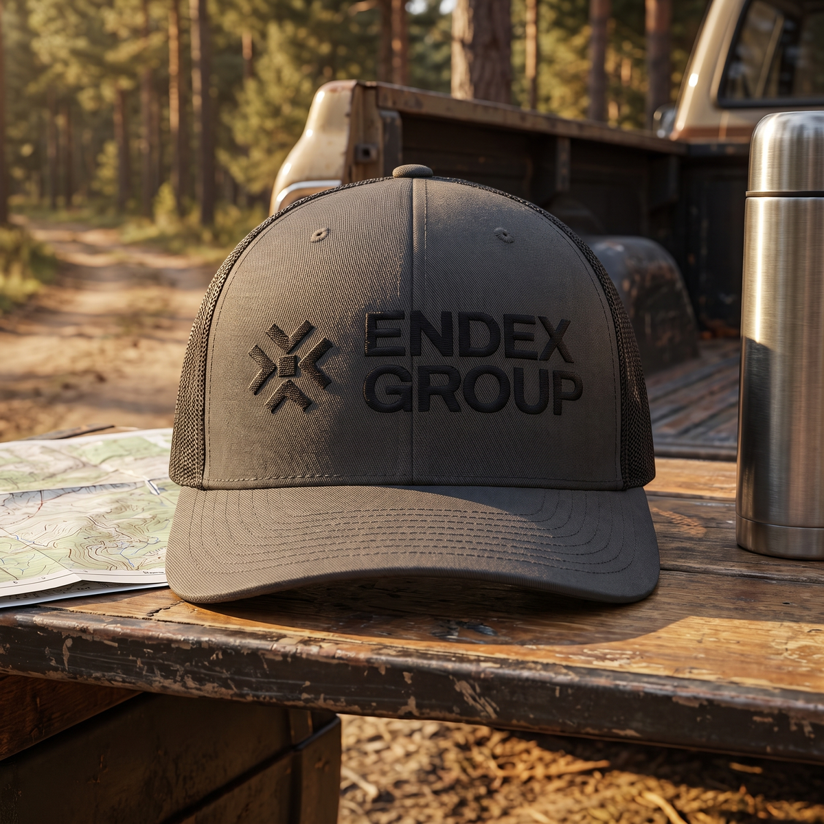 ENDEX Group Classic Trucker Cap in Charcoal — lifestyle shot