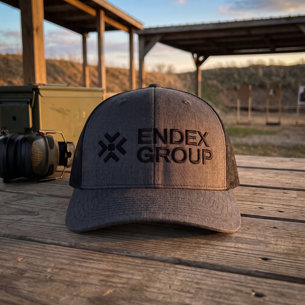 ENDEX Group Classic Trucker Cap in Dark Heather Gray — lifestyle shot