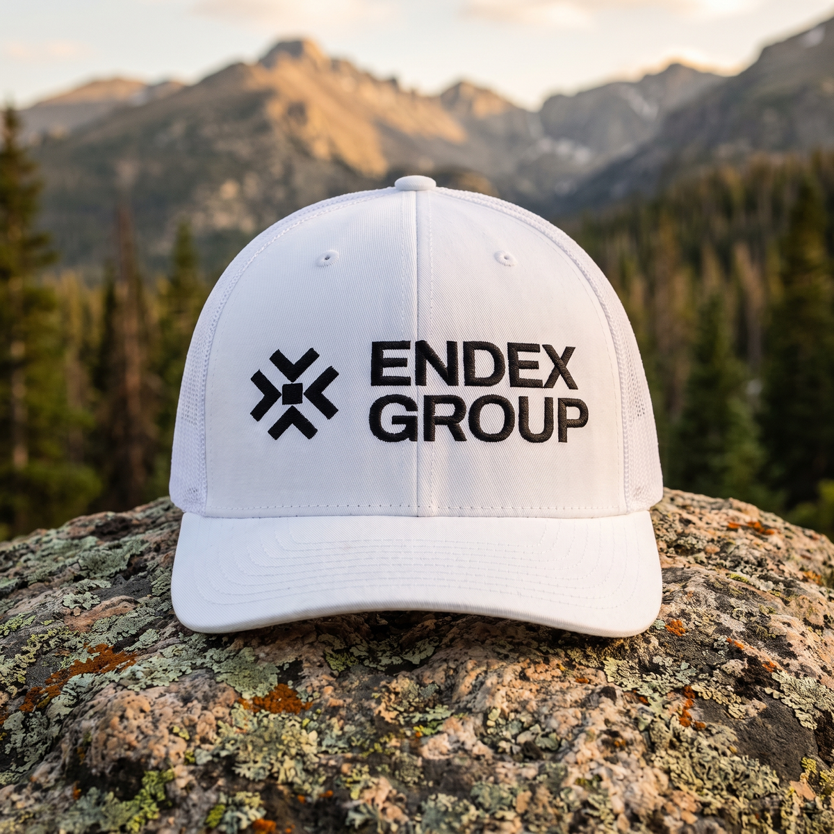 ENDEX Group Classic Trucker Cap in White — lifestyle shot