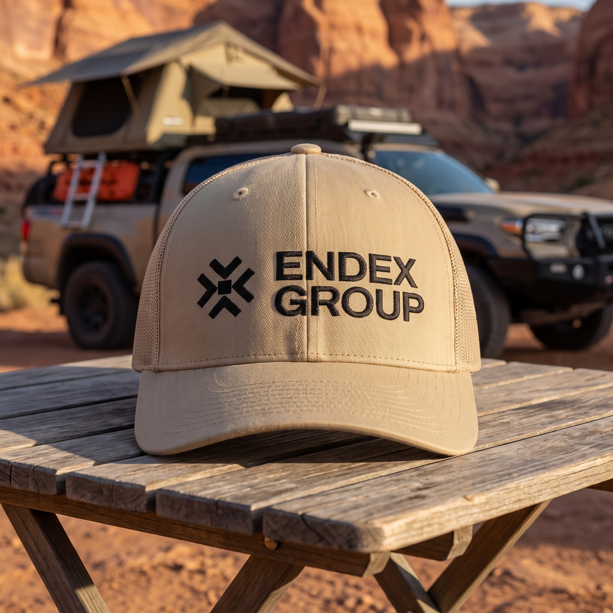 ENDEX Group Classic Trucker Cap in Khaki — lifestyle shot