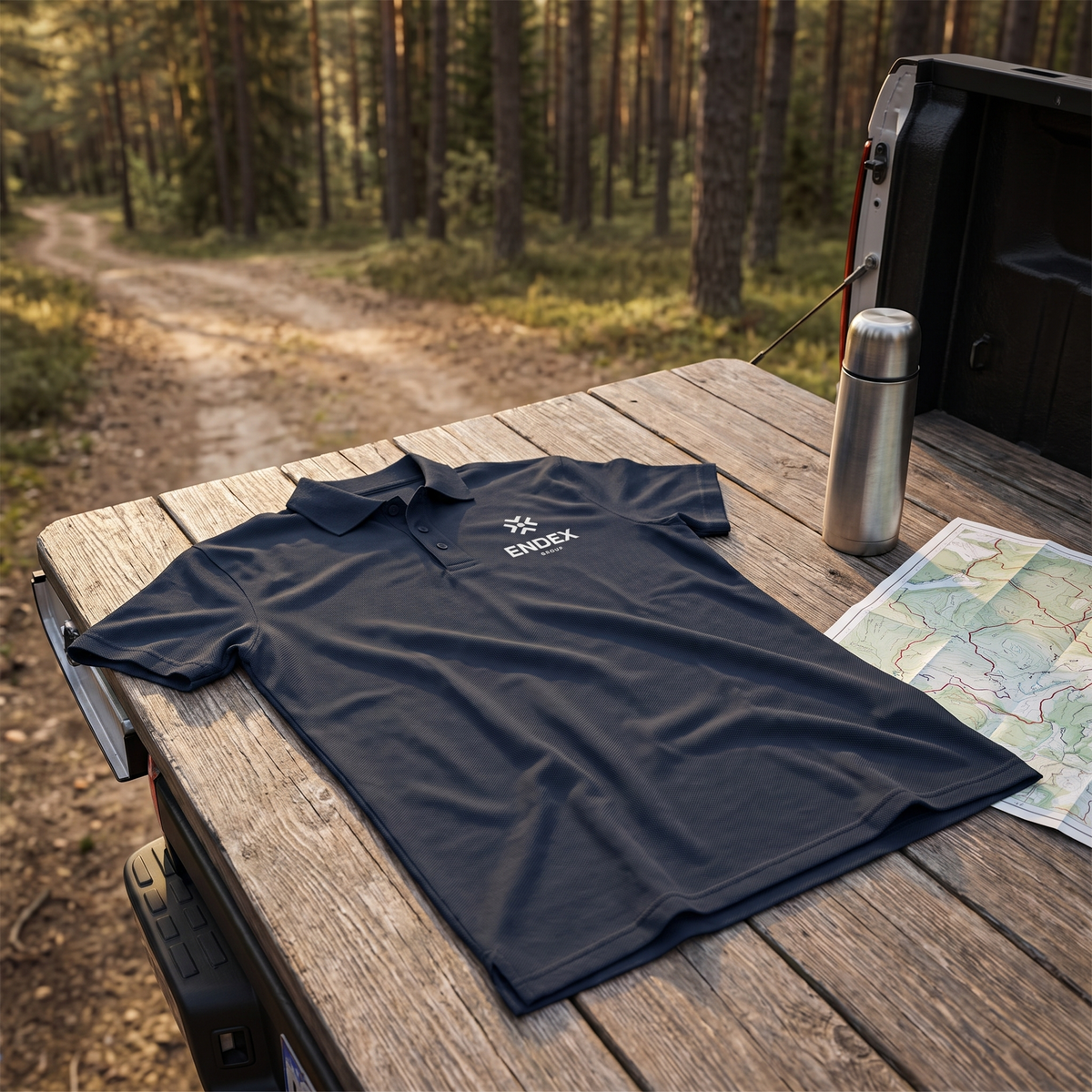 ENDEX Group Consolidate Polo Navy — flat-lay lifestyle shot