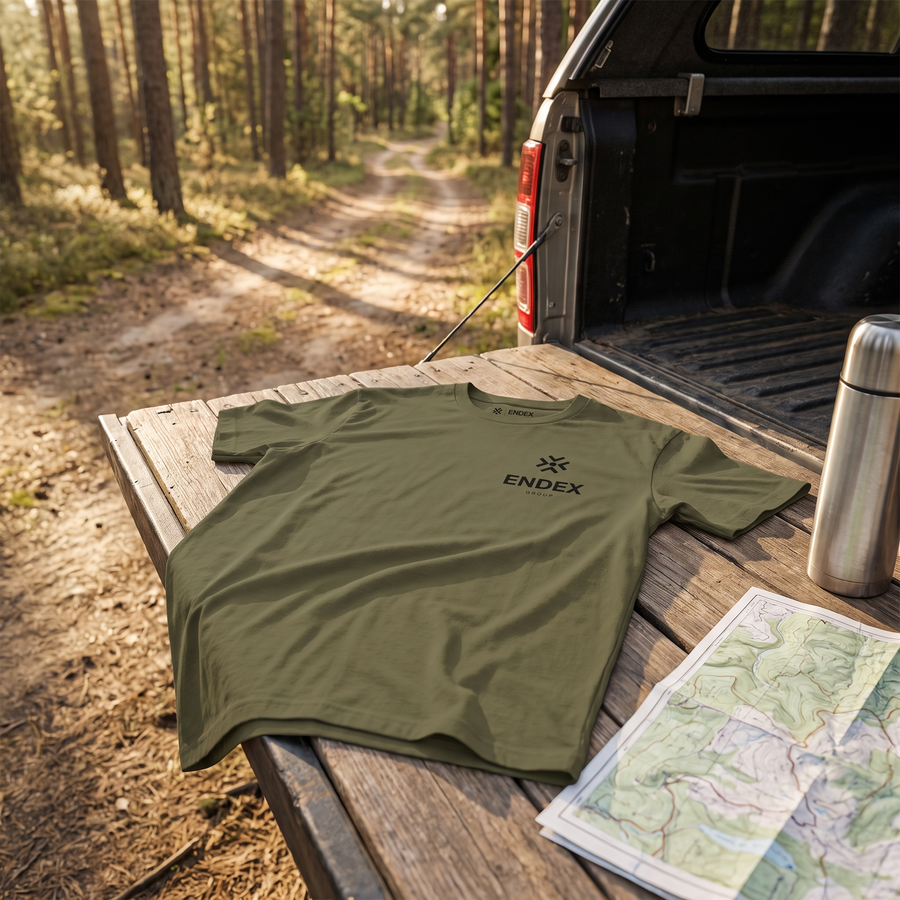 ENDEX Group Muster Sand Tee — flat-lay lifestyle shot