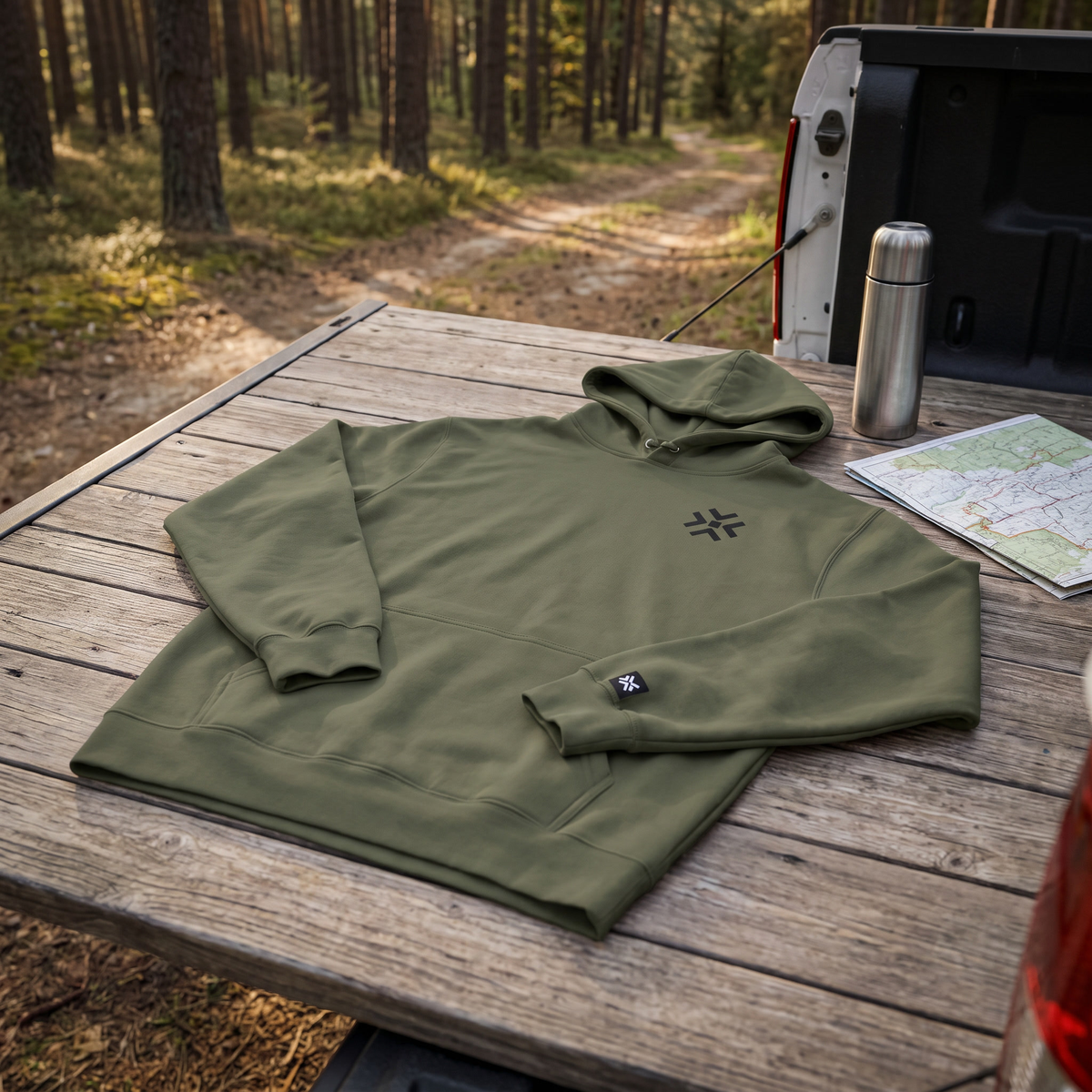 ENDEX Group Debrief Hoodie Cypress — flat-lay lifestyle shot