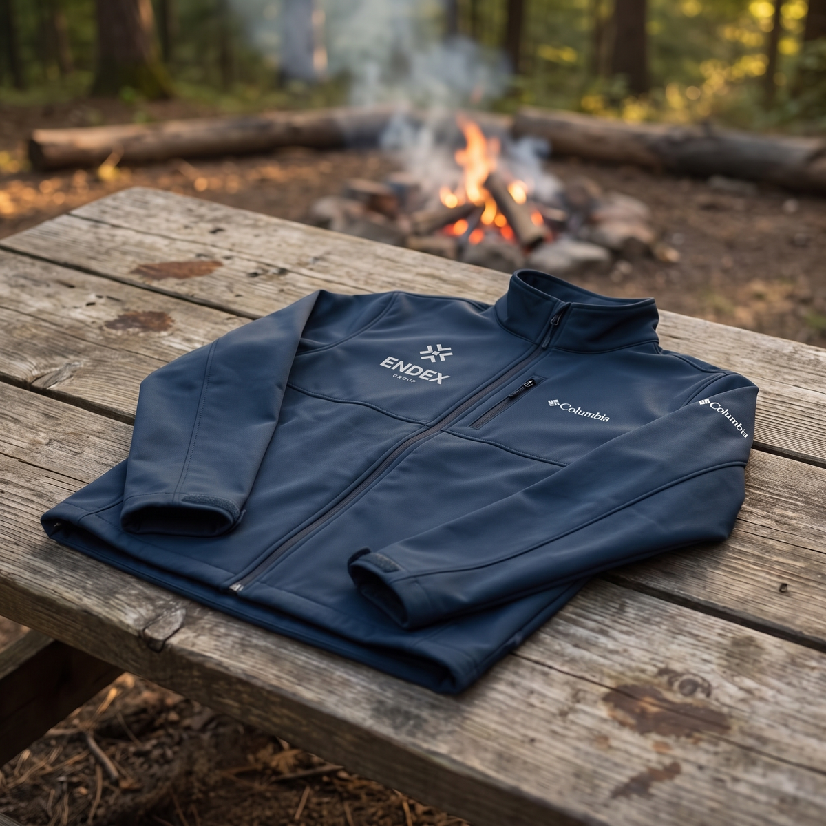 ENDEX Group Field Softshell Collegiate Navy — flat-lay lifestyle shot