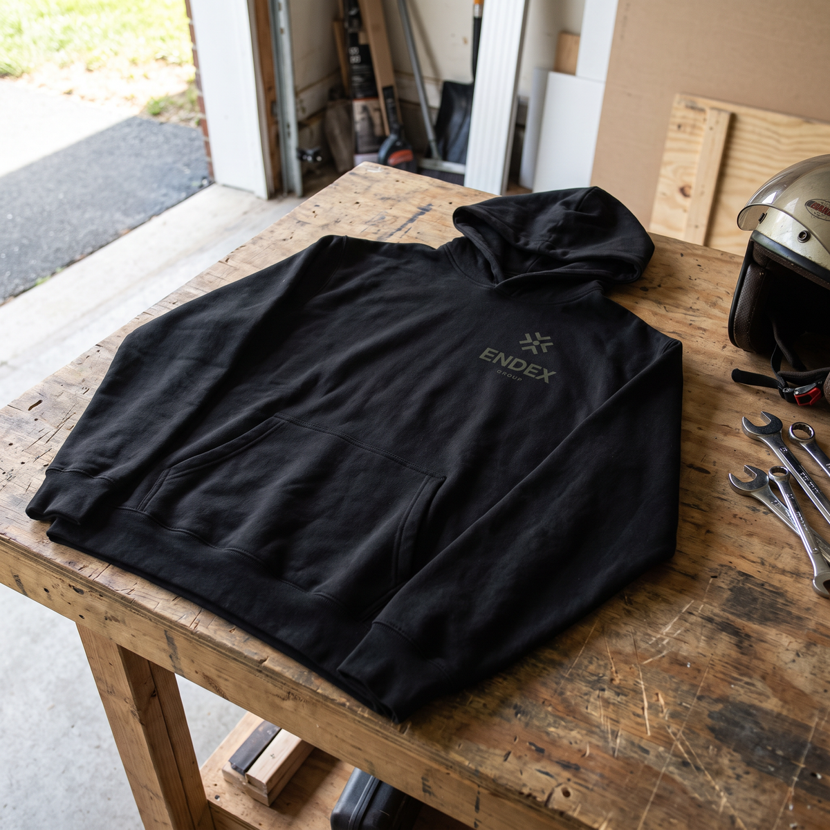 ENDEX Group Motorpool Hoodie — flat-lay lifestyle shot