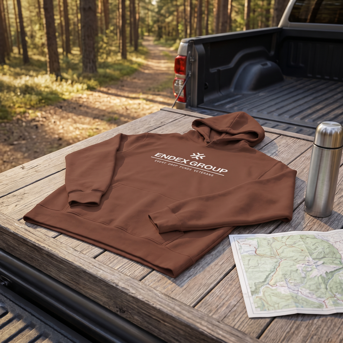 ENDEX Group Everyday Hoodie Chestnut — flat-lay lifestyle shot