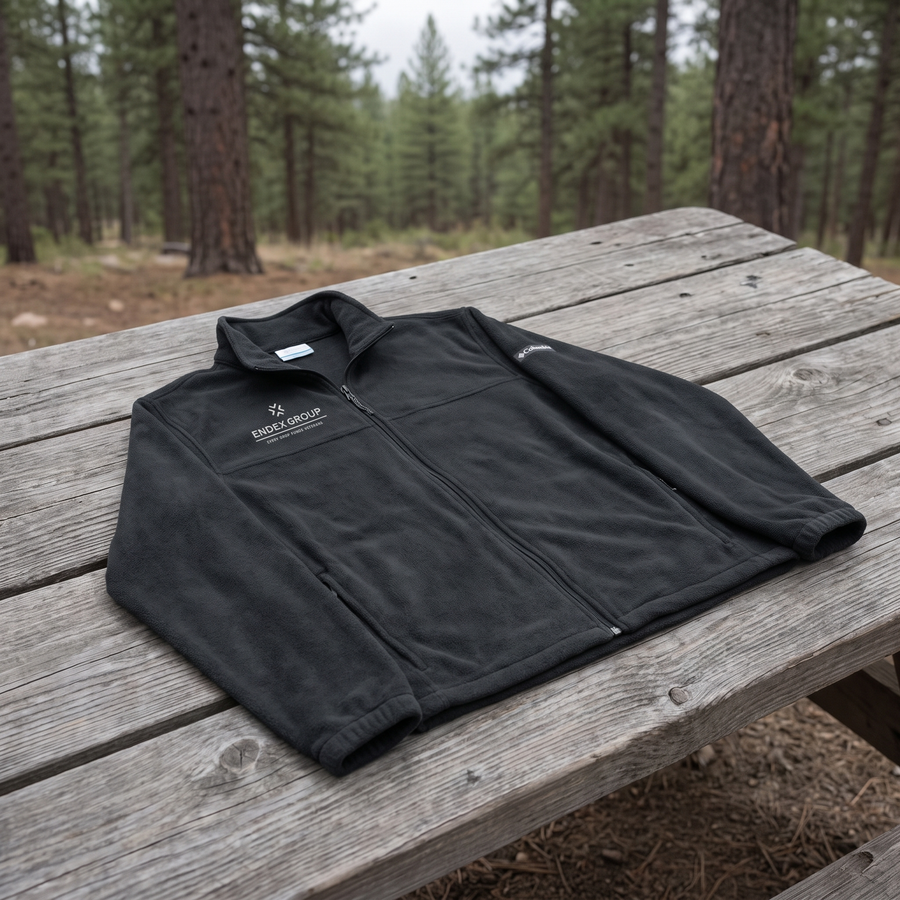 ENDEX Group Basecamp Fleece Black — flat-lay lifestyle shot