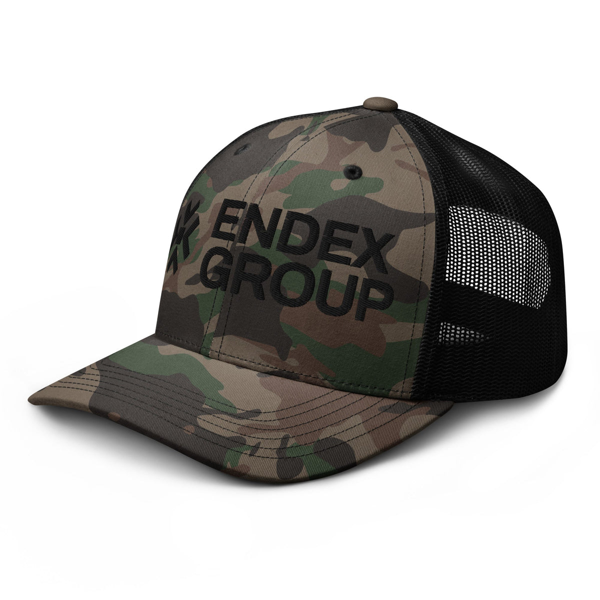 Camouflage trucker hat, left three-quarter view