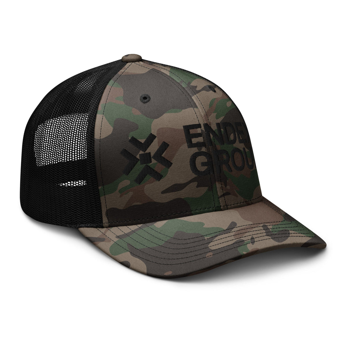 Camouflage trucker hat, right three-quarter view